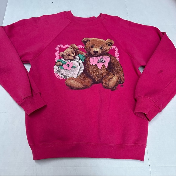 Vintage teddy bears & hearts sweatshirt pink cottagecore - Picture 1 of 8